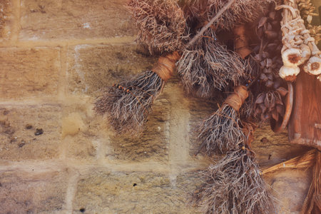 Dried pine cones hanging on an old stone wall. Christmas, winter and old house decorations. Autumn,...