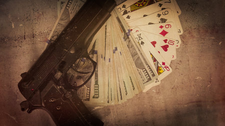 Pistol, dollar bills and playing cards on grunge background, vintage styleの写真素材