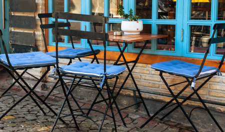 Vintage decorated mediterranean cafeteria front view with potted flower on the table. Classic vintage coffee shopの写真素材