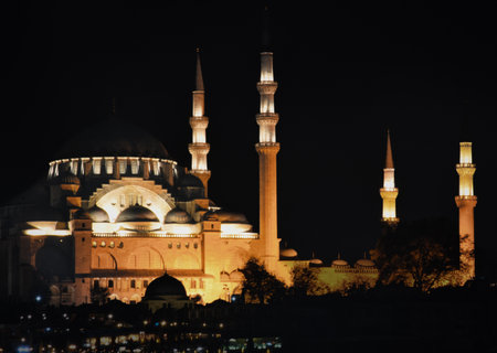 Night view of the Suleymaniye Mosque night view, the largest in the city, Istanbul, Turkey. Ramadan wallpaper, backgroundの写真素材