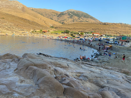 GÃ¶kÃ§eada, Ãanakkale, Turkey June 28, 2023: Yildizkoy beach view in Gokceada, Imbros island. Yildizkoy coast is the one of popular beach with its Underwater National Park.のeditorial素材
