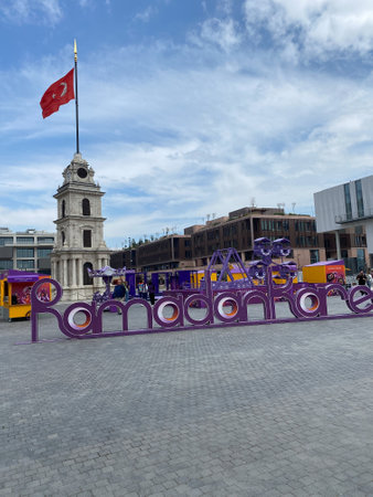 Istanbul, Turkey April 19, 2023 Tophane Clock Tower located in square area of Galataport .The tower built similar to Dolmabahce palace tower. Ramadan, Eid Mubarakのeditorial素材