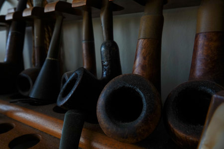 A collection of old briar pipes for smoking on a wooden stand. Old tobacco pipes.の写真素材