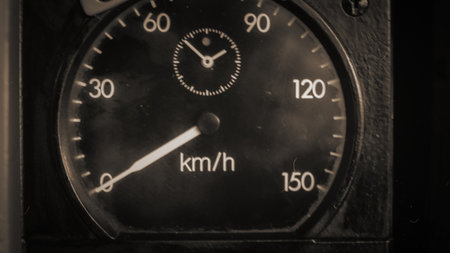 Vintage old analog speedometer in black and white. Selective focus.の写真素材
