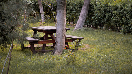 Picnic table and benches in the garden. Selective focus.の写真素材