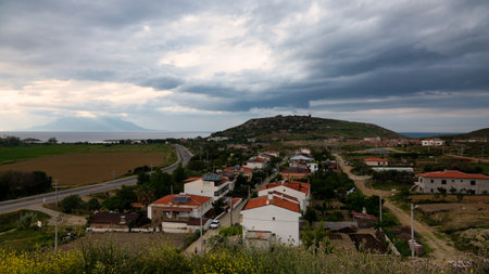 Turkey's most western point; Newest Bademli, Kalekoy village and Greek island Samothrace view from Eski Bademli village Gokceada-Imbros island Canakkale, Turkeyの写真素材