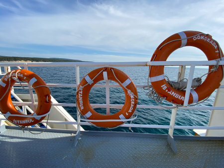 Lifebuoy on the deck of a cruise ship.