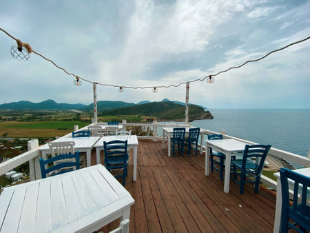 Gokceada,Canakkale,Turkey May 28, 2023:Fish restaurant in Kalekoy Village, Gokceada. Gokceada which is the largest island of Turkeyのeditorial素材