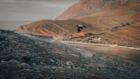 Aerial view of a mountain village on a cloudy day. Toned.の写真素材