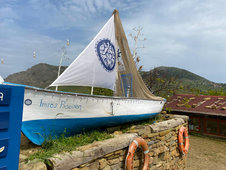 Gokceada,Canakkale,Turkey May 28, 2023: Eleni Fish restaurant in Kalekoy Village, Gokceada. Gokceada which is the largest island of Turkeyのeditorial素材