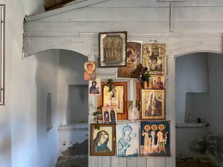 GÃ¶kÃ§eada, Canakkale, Turkey, May 28, 2023: Small orthodox mountain church, one of the historical churches of Gokceada Imbros island; greek local name manastraki churchのeditorial素材