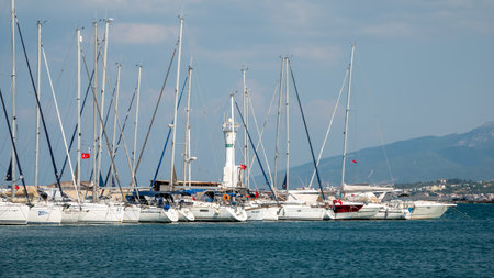 Seferihisar, Izmir Turkey Sept.12,2023; SÄ±gacÄ±k Marin with moored fishing boats and luxury...