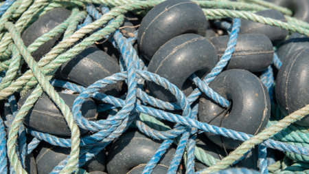 Close up of mooring ropes on fishing boat in sunny dayの写真素材