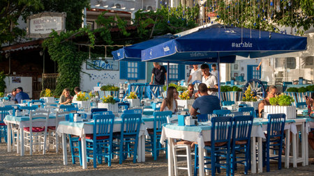 GÃ¶kÃ§eada Ãanakkale, Turkey July 22, 2023: View of the touristic KalekÃ¶y street and the harbor restaurants from the central area of Gokceada.のeditorial素材