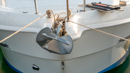 Close-up view of the bow of a yacht with ropes.の写真素材