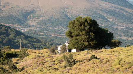 An ancient orthodox Greek church-Manastraki among the mountains in Gokceada Tepekoy locality. Canakkale, Turkeyの写真素材