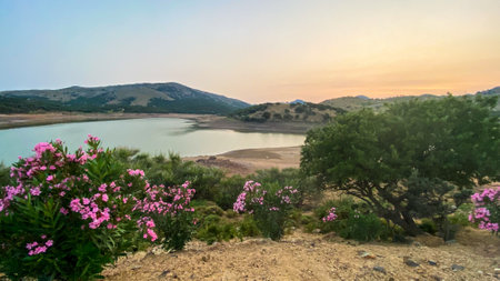 Panoramic view of the lake and mountains in Gokceada, Turkeyの写真素材