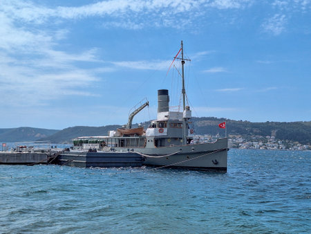 Canakkale, Turkey - 15 August, 2023: Nusrat or Nusret mine dropper war ship in the Canakkale Naval...