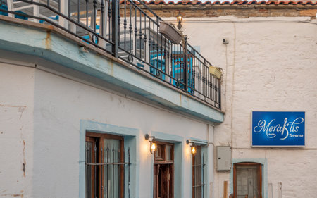GÃ¶kÃ§eada, TÃ¼rkiye - 5 August 2023; "Meraklis Tavern" restaurant in the historical Greek village TepekÃ¶y. TepekÃ¶y (Agridia) is a famous historical Greek village in Aegean Turkeyのeditorial素材