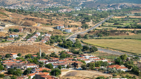 Panoramic view of the town of Yeni Bademli in Gokceada (Imbros) Canakkale, Turkeyの写真素材