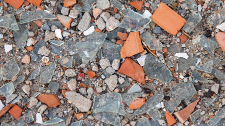 Broken tiles and glass on the ground as a background. Close-up.
