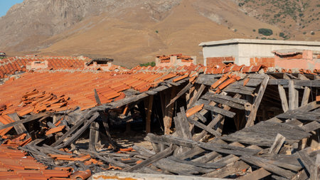 Terracotta roofs of an old village in the mountains.の写真素材