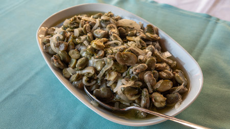 Traditional Turkish food; Fresh broad bean salad with olive oil, broad beans, onion and dill (Turkish name; Ä°Ã§ bakla) Mediterranean style fava beans.の写真素材