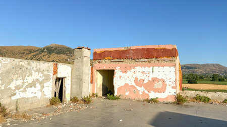 roof of an abandoned ruined building in the countrysideの写真素材