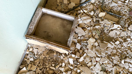 Construction piles and an old cabinet drawer in an abandoned houseの写真素材