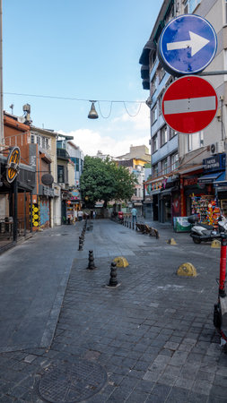 Kadikoy, Istanbul, Turkey - October 10, 2023: Street view and old style buildings, caffee shops and bars in narrow streets of Kadikoy during early in the morning.のeditorial素材