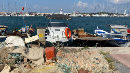 Urla, Izmir, Turkey 10, Sept,2023 : Small port of Urla with fishing and touristic daily boat tour yachtings. Urla is a popular tourist attraction in Seferihisar, Izmir, Turkey.のeditorial素材