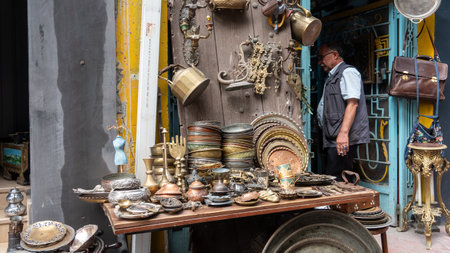 Istanbul, Turkey, Sep. 30, 2023: Flea market with antique furniture and stuff on the street with vintage shops in Cukurcuma.のeditorial素材