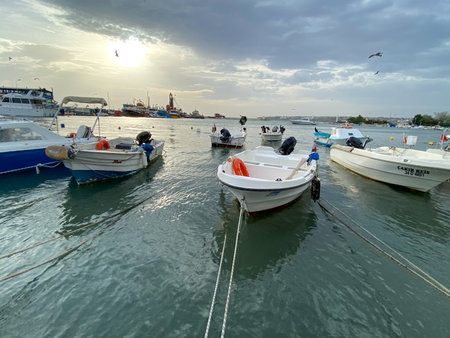 Silivri, Istanbul, Turkey - November 06, 2023: Fishing boats at Silivri Port of Istanbul city. Silivri is a touristic seaside resort on the European side of Istanbulのeditorial素材
