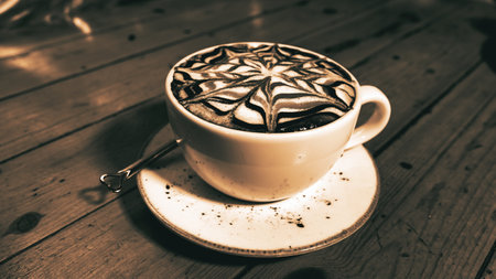 A cup of cappuccino with a beautiful latte art pattern on a vintage brown table. - vintage effect style picturesの写真素材