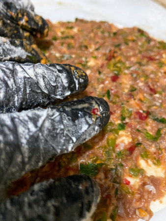 Lahmacun master spreads a lahmacun mixture consisting of minced meat, onion and parsley on the uncooked lahmacun dough. Turkish cuisineの写真素材