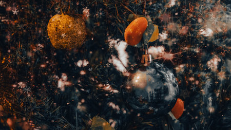 Christmas and New Year holiday background. Christmas tree with decorations and lights.の写真素材