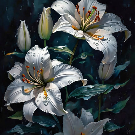 Watercolor illustration of white lilies on a dark background with water drops, Beautiful, botanic, lily flower. AI Generated. Watercolor illustration. Digital painting.の素材