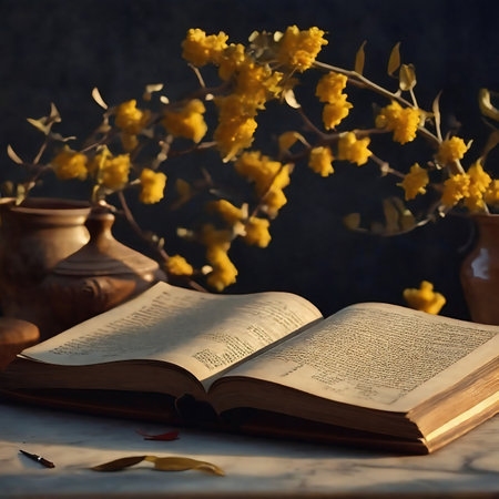 Digital image of Open book with yellow flowers on a dark background. Still life. vintage wallpaperの素材