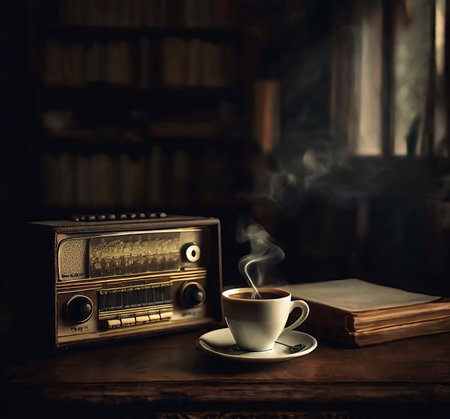 Cup of coffee with old radio and books on wooden table.の素材
