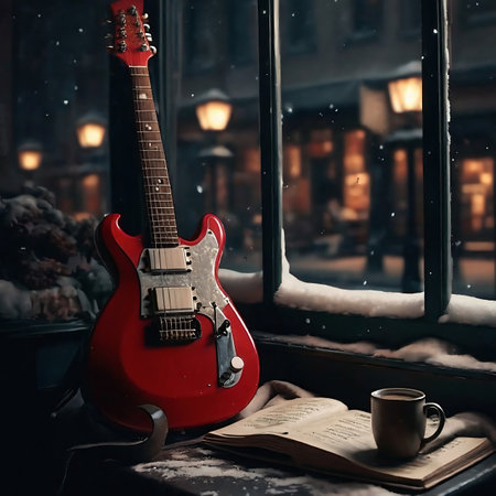 a red electric guitar a coffee mug illuminated soft candle with bookshelves on a dark room with snowy winter street view on windowの素材