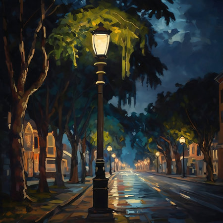 oil painting of Nostalgic street lights shining through oleaguum trees at night. Romantic cityscape. Beautiful alley in the park at night. Oil painting on canvas.の素材