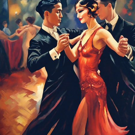 Wedding couple dancing tango in a night club. Vintage style.の素材