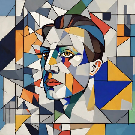 Portrait of a young man in the style of stained glass. Face Surrounded by Geometric Abstracts. Somber man in cubism and futurismの素材