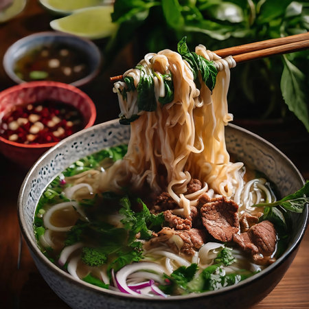 Vietnamese rice noodle soup with beef in a bowl on kitchen tableの素材