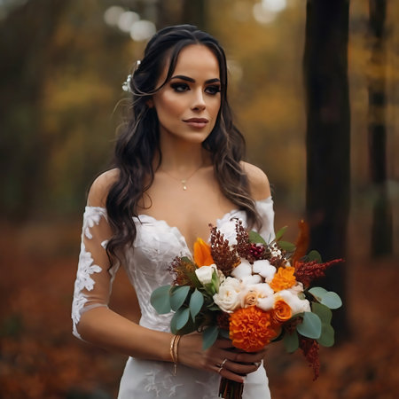 Beautiful bride with a bouquet of flowers in the autumn forestの素材