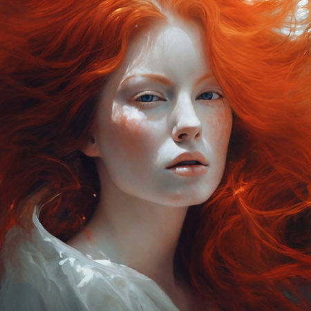 Fashion art photo of beautiful girl with red hair. Dreamlike portrait of a reading fiery hair woman with blue eyes.の素材