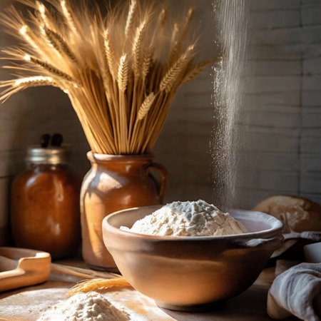 Wheat flour in a clay bowl and wheat ears on a wooden tableの素材