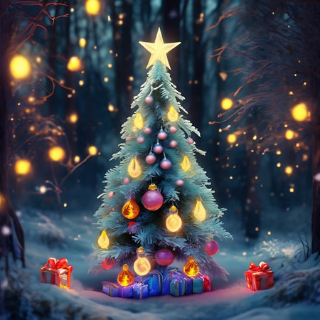 Christmas tree in winter forest with gifts and lights. 3d illustrationの素材