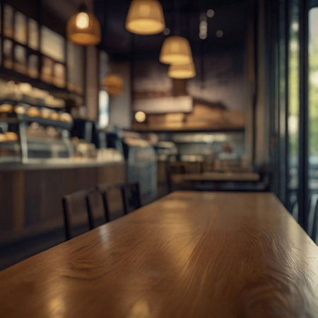 Empty wooden table and Coffee shop blur background with bokeh image.の素材