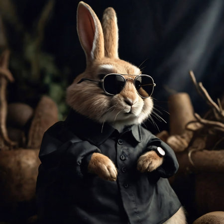 Easter bunny in sunglasses on a dark background. Vintage style.の素材